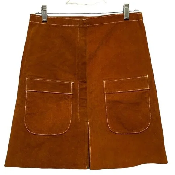 Vintage 60's-70's Sz 11 Brown A-line Suede Leather Skirt W/Pockets Hippie Boho - Picture 1 of 13